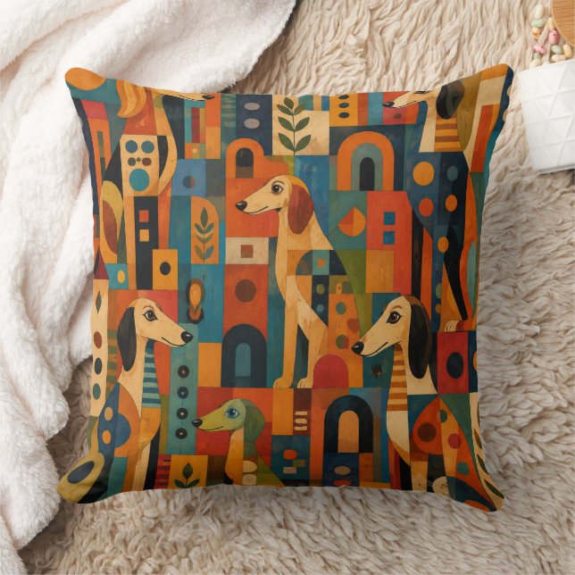 Kleurrijke Saluki Folk Art  Kussen (Deken)