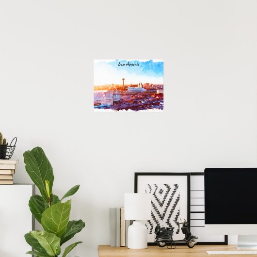 Kleurrijke San Antonio Texas Panorama Uitzicht Poster (Thuiskantoor)