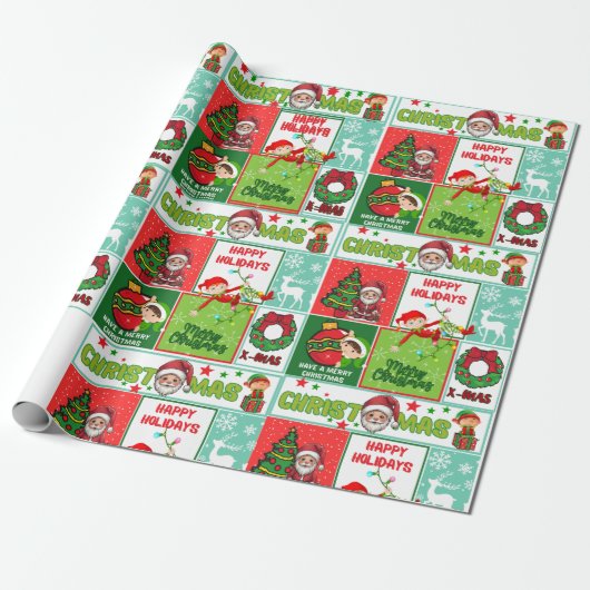 Kleurrijke Santa Merry Christmas Wrapping Paper Cadeaupapier (Uitgerold)