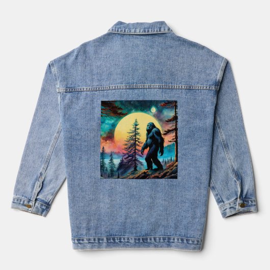 Kleurrijke Sasquatch Volle Maan Pijnboom Denim Jacket (Achterkant)