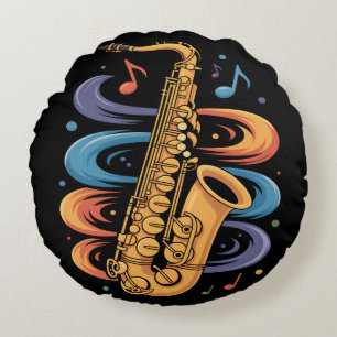Kleurrijke Saxofoon Muziekstroom Jazz Instrument Rond Kussen