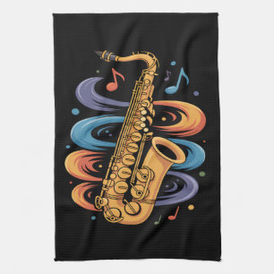 Kleurrijke Saxofoon Muziekstroom Jazz Instrument Theedoek