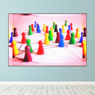 Kleurrijke Schaakstukken in Plastic Houten Frame E Canvas Afdruk