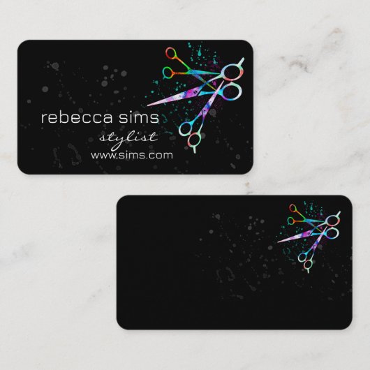 kleurrijke schaar op zwart en blauwgroen , modern visitekaartje (Voorkant / Achterkant)