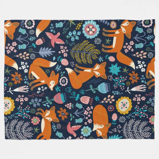 Kleurrijke schattige bloemen & vossen patroon fleece deken (Voorkant (Horizontaal))