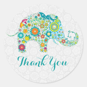 Kleurrijke schattige bloemenolifant dank u ronde sticker