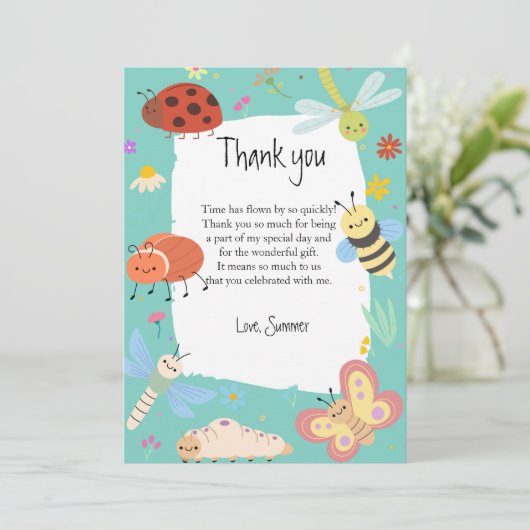 Kleurrijke Schattige Bugs Kids Verjaardag Bedankkaart (Staand voorkant)
