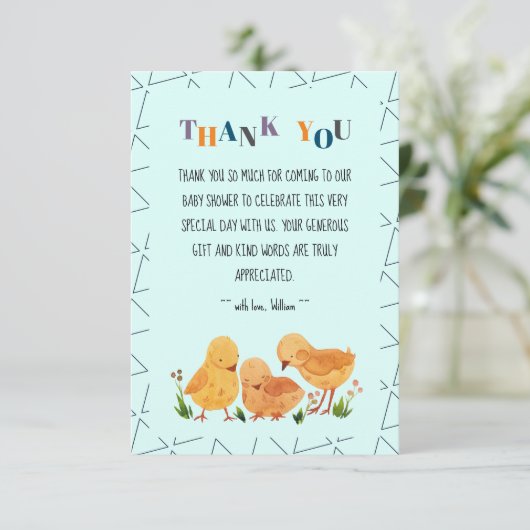 Kleurrijke Schattige Chicken Family Boy Baby showe Bedankkaart (Staand voorkant)