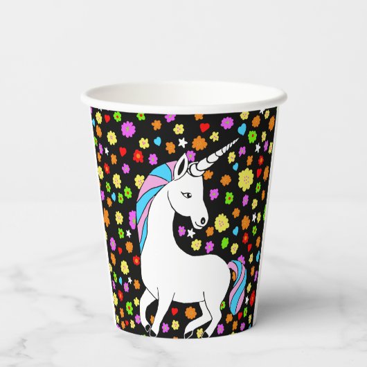 Kleurrijke Schattige eenhoorn bloemen en harten Papieren Bekers (Achterkant)