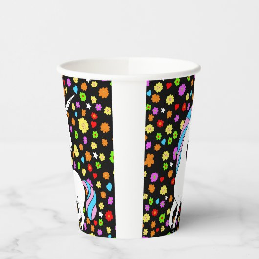 Kleurrijke Schattige eenhoorn bloemen en harten Papieren Bekers (Links)