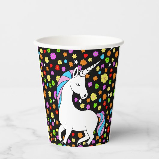Kleurrijke Schattige eenhoorn bloemen en harten Papieren Bekers (Voorkant)