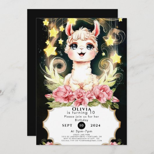 Kleurrijke Schattige Llama Verjaardag Kaart (Voorkant / Achterkant)