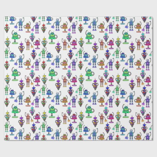 Kleurrijke schattige robots op witte achtergrond cadeaupapier (Vlak)