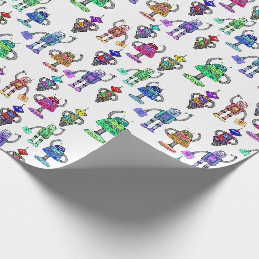 Kleurrijke schattige robots op witte achtergrond cadeaupapier (Hoek)