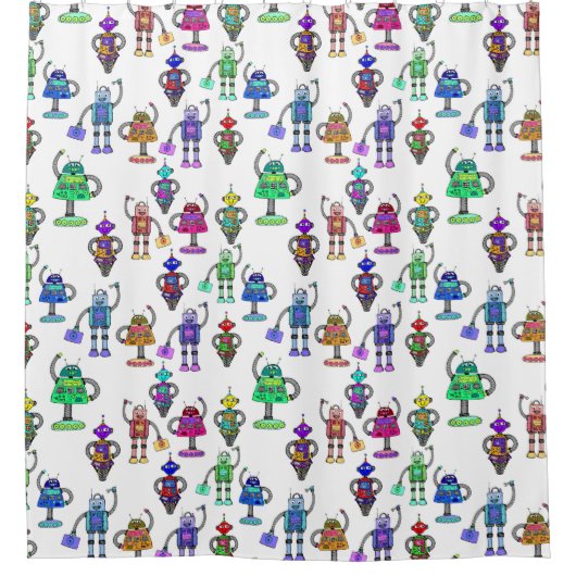 Kleurrijke schattige robots op witte achtergrond douchegordijn (Voorkant)