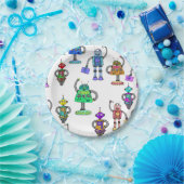 Kleurrijke schattige robots op witte achtergrond papieren bordje (Feest)