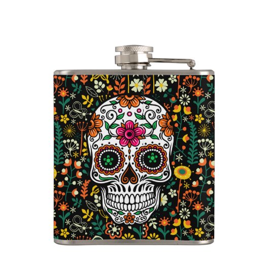 Kleurrijke schattige suiker schedel en retro bloem heupfles (Achterkant)