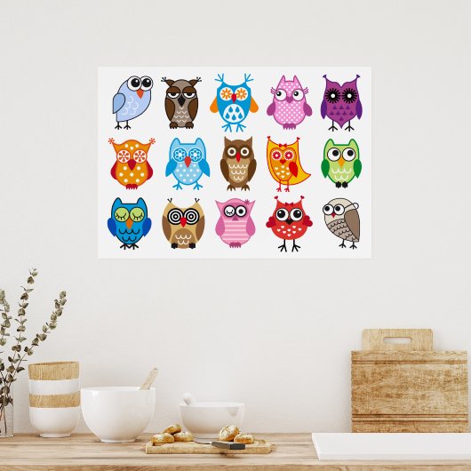 Kleurrijke schattige uil poster (Keuken)