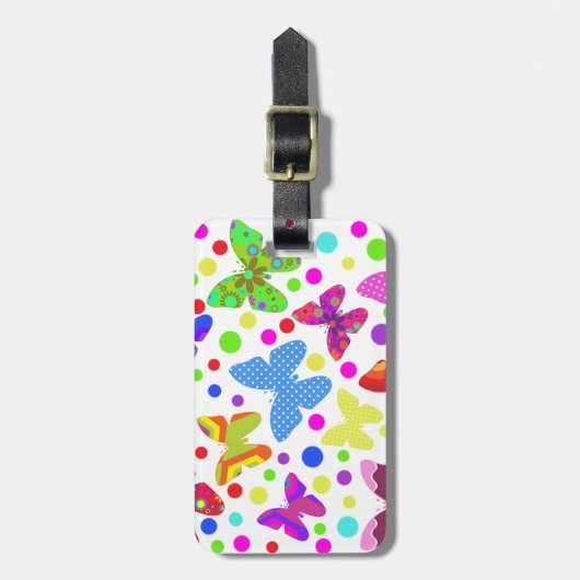 Kleurrijke schattige vlinders en polka-stippen bagagelabel (Voorkant verticaal)