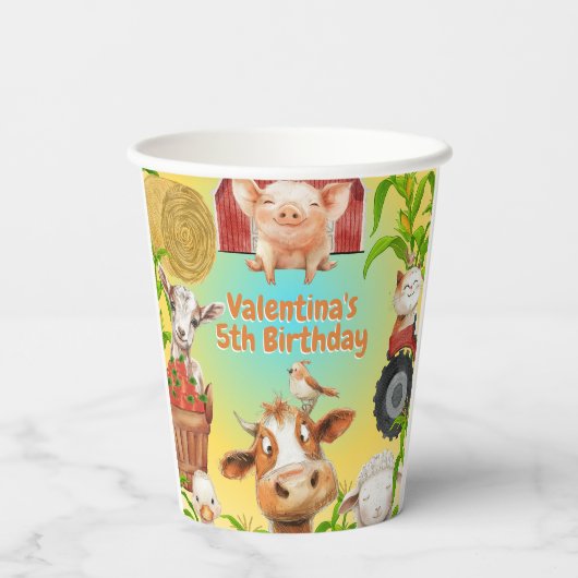 Kleurrijke Schattigee Boerderijdieren Barnyard Kid Papieren Bekers (Achterkant)