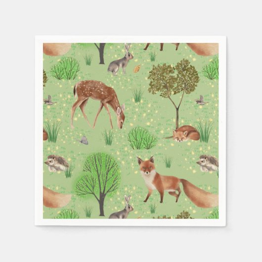 Kleurrijke Schattigee bosdieren groene weide Servet (Voorkant)