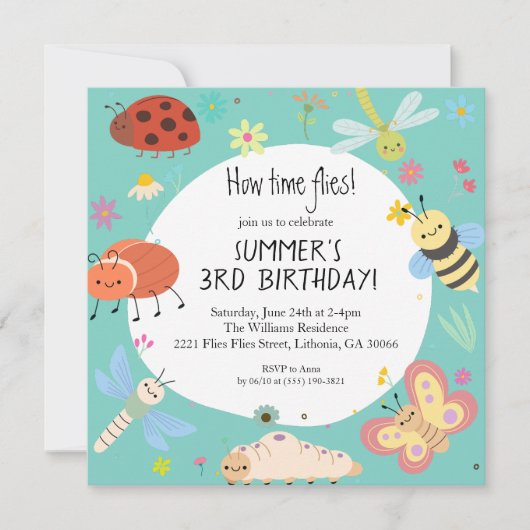 Kleurrijke Schattigee Bugs Kinder Vierkante Verjaa Kaart (Voorkant)