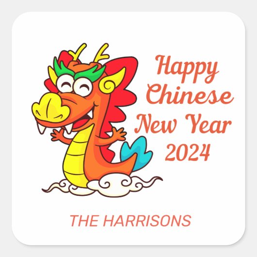 Kleurrijke Schattigee Cartoon Dragon Chinees Nieuw Vierkante Sticker (Voorkant)