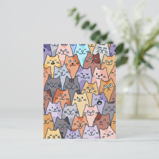 Kleurrijke Schattigee Cat Crowd Pattern Whimsical Briefkaart (Staand voorkant)