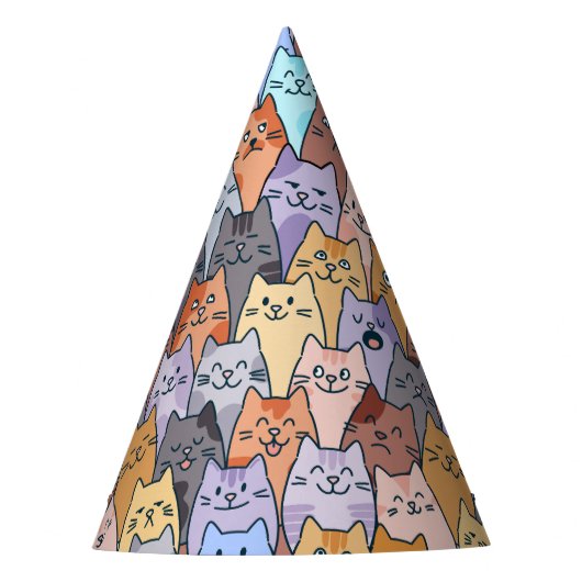 Kleurrijke Schattigee Cat Crowd Pattern Whimsical Feesthoedjes (Voorkant)