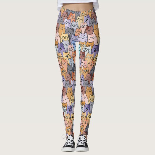 Kleurrijke Schattigee Cat Crowd Pattern Whimsical  Leggings (Voorkant)