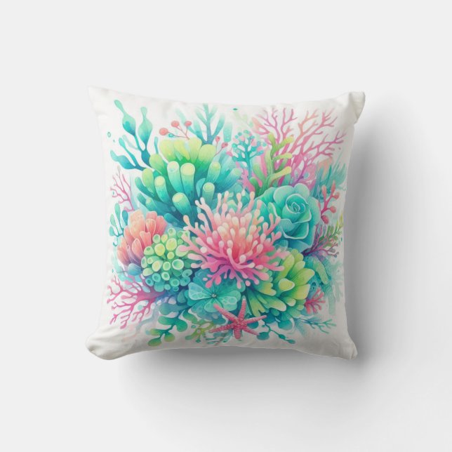 Kleurrijke Schattigee Coral Sealife Nautisch Kusts Kussen (Voorkant)
