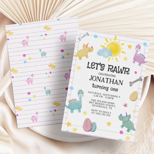 Kleurrijke Schattigee Dinosaurus 1e Verjaardagsuit Kaart