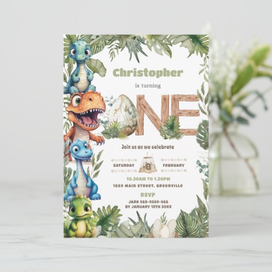 Kleurrijke Schattigee Dinosaurussen Groen 1e Verja Kaart (Staand voorkant)