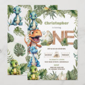 Kleurrijke Schattigee Dinosaurussen Groen 1e Verja Kaart (Voorkant / Achterkant)