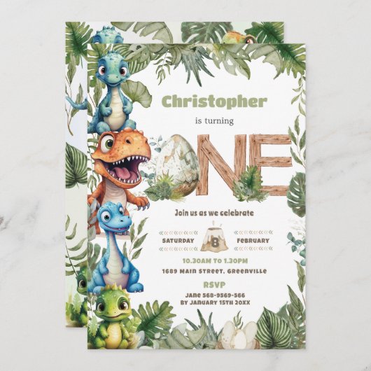 Kleurrijke Schattigee Dinosaurussen Groen 1e Verja Kaart (Voorkant / Achterkant)