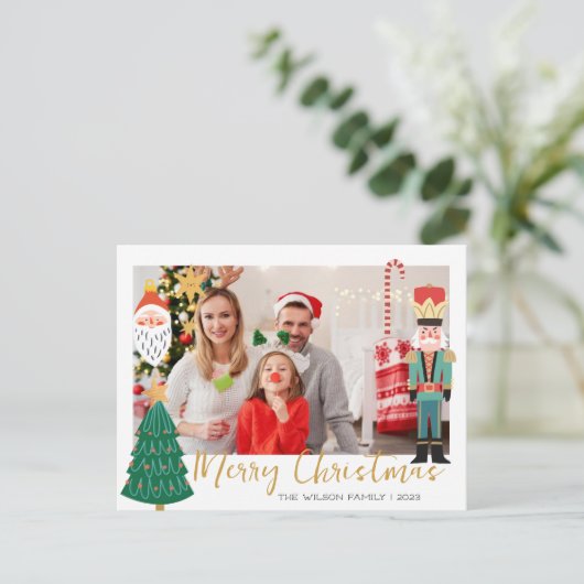 Kleurrijke Schattigee Kerst Familie Foto Vakantie  Feestdagenkaart (Staand voorkant)