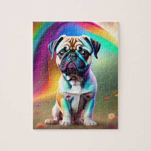 Kleurrijke Schattigee kleine pug met regenboogkleu Legpuzzel (Verticaal)