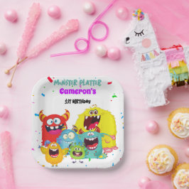 Kleurrijke Schattigee Plezier Monster Verjaardagsf Papieren Bordje