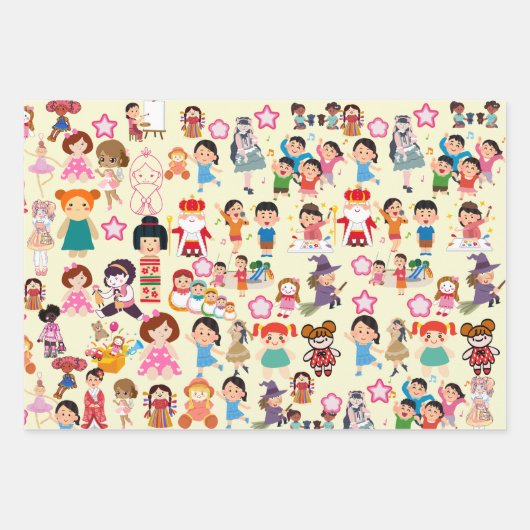 Kleurrijke Schattigee poppen en kinderen Gift Wrap Inpakpapier Vel (Voorkant 3)