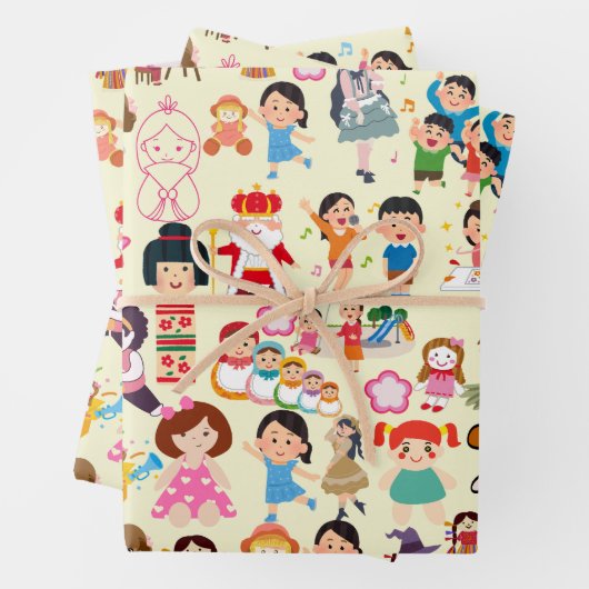 Kleurrijke Schattigee poppen en kinderen Gift Wrap Inpakpapier Vel (In situ)