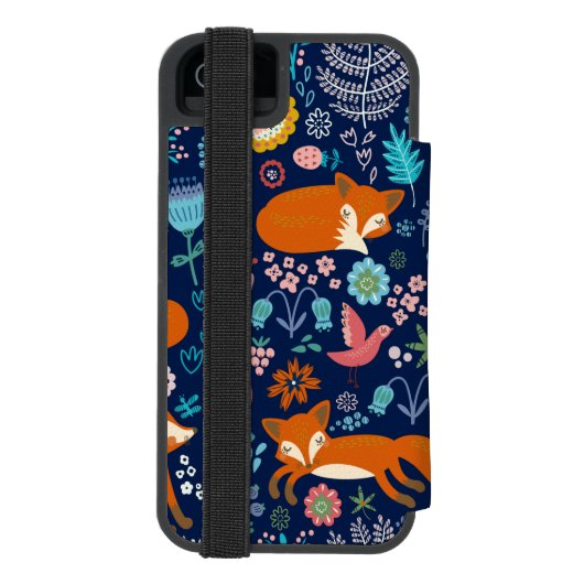 Kleurrijke Schattigee rode vossen & bloemen Incipio iPhone Portemonnee Hoesje (Agenda Achterkant)
