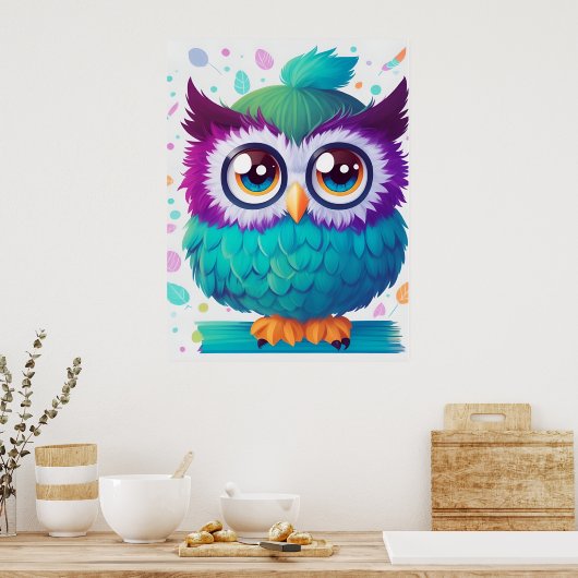 Kleurrijke Schattigee Uil met Big Eyes Kinder Post Poster (Keuken)