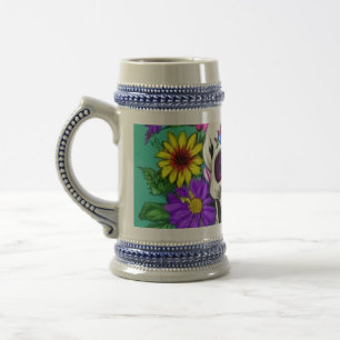 Kleurrijke schedel met bloemen bierpul
