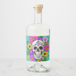 Kleurrijke schedel met bloemen likeurfles etiket