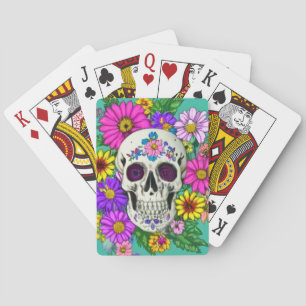 Kleurrijke schedel met bloemen pokerkaarten