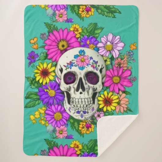 Kleurrijke schedel met bloemen sherpa deken (Voorkant)