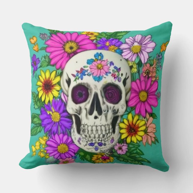Kleurrijke schedel met bloemen Sierkussen (Voorkant)