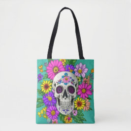 Kleurrijke schedel met bloemen tote bag