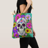 Kleurrijke schedel met bloemen tote bag (Dichtbij)
