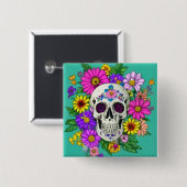 Kleurrijke schedel met bloemen vierkante button 5,1 cm (Voorkant /achterkant)